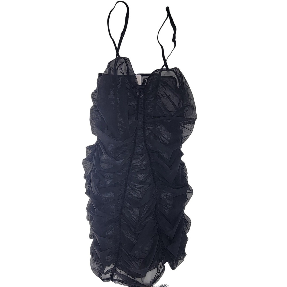NEW Auden Womens Black Ruched Sheer Mesh Babydoll Lingerie Set w/Panty Size L